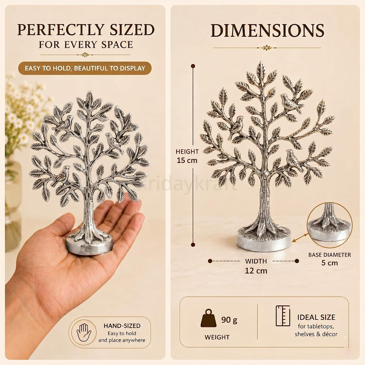KridayKraft Metal Kalpavriksha Tree for Home Decor - Golden Wish Fulfilling Tree Metal Showpiece for Temple, Vastu, Office Table & Gifting Banyan (No 0 Silver)