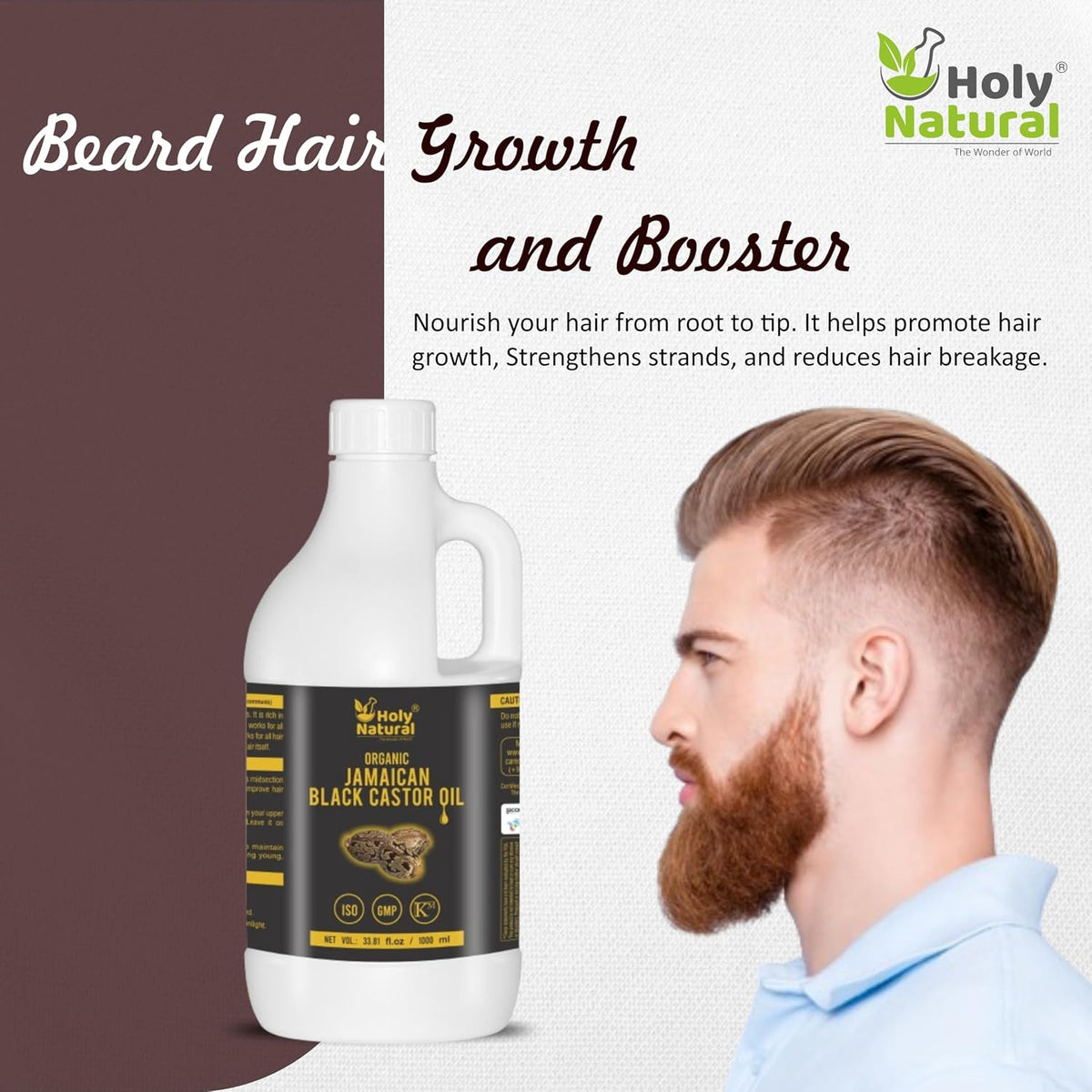 Holy Natural Organic Jamaican Black Castor Oil 1 Liter | Pure Cold Pressed Castor Oil | Moisturizes Scalp, Hair, Beard, Nails & Skin | Natural Beauty Oil