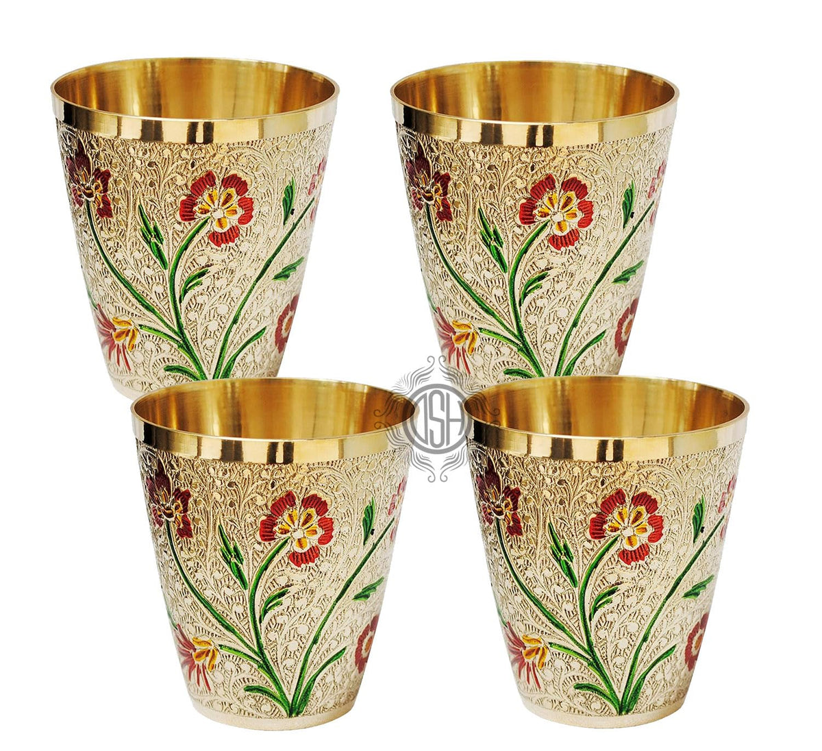 DSH Pure Brass Glass Tumbler for Serving Drinking Water Handmade Design Meena Colour (Set of-4) for Serveware & Drinkware Glass.