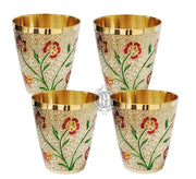 DSH Pure Brass Glass Tumbler for Serving Drinking Water Handmade Design Meena Colour (Set of-4) for Serveware & Drinkware Glass.