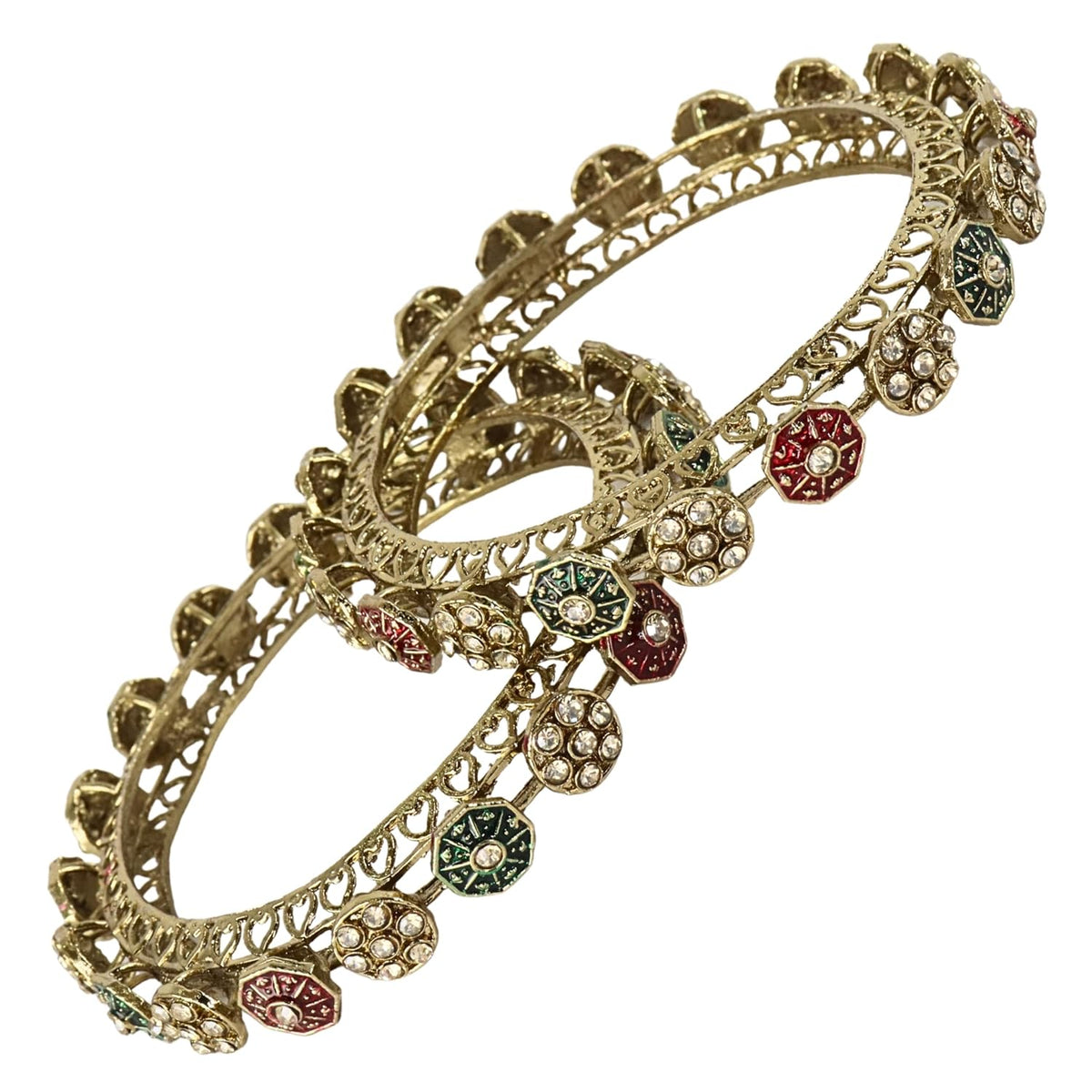 NMII Designer Alloy Metal Kada For Women & Girls | Gold Plated Floral Meenakari Kangan | Traditional Ethnic Jewellery | Wedding Party Stylish Fancy Kada Gift - Set Of 2