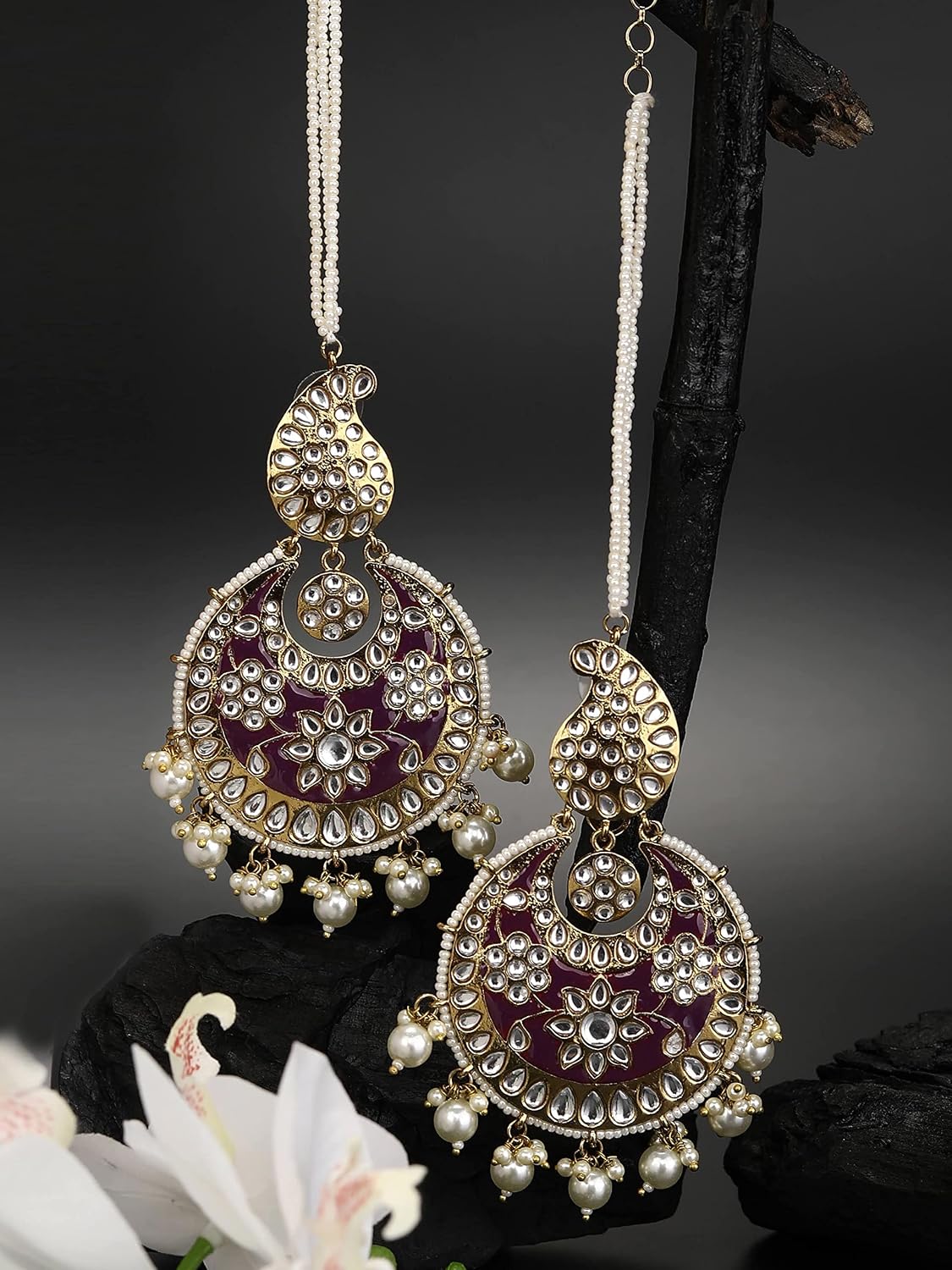 Priyaasi Maroon Kundan Beads Pearls Gold Plated Jhumka Earring, Rani, One Size, (EAR-PR-50642)