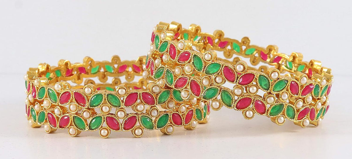 NMII Metal With Kundan and Beads Studded Flower Look Kada Set For Women and Girls