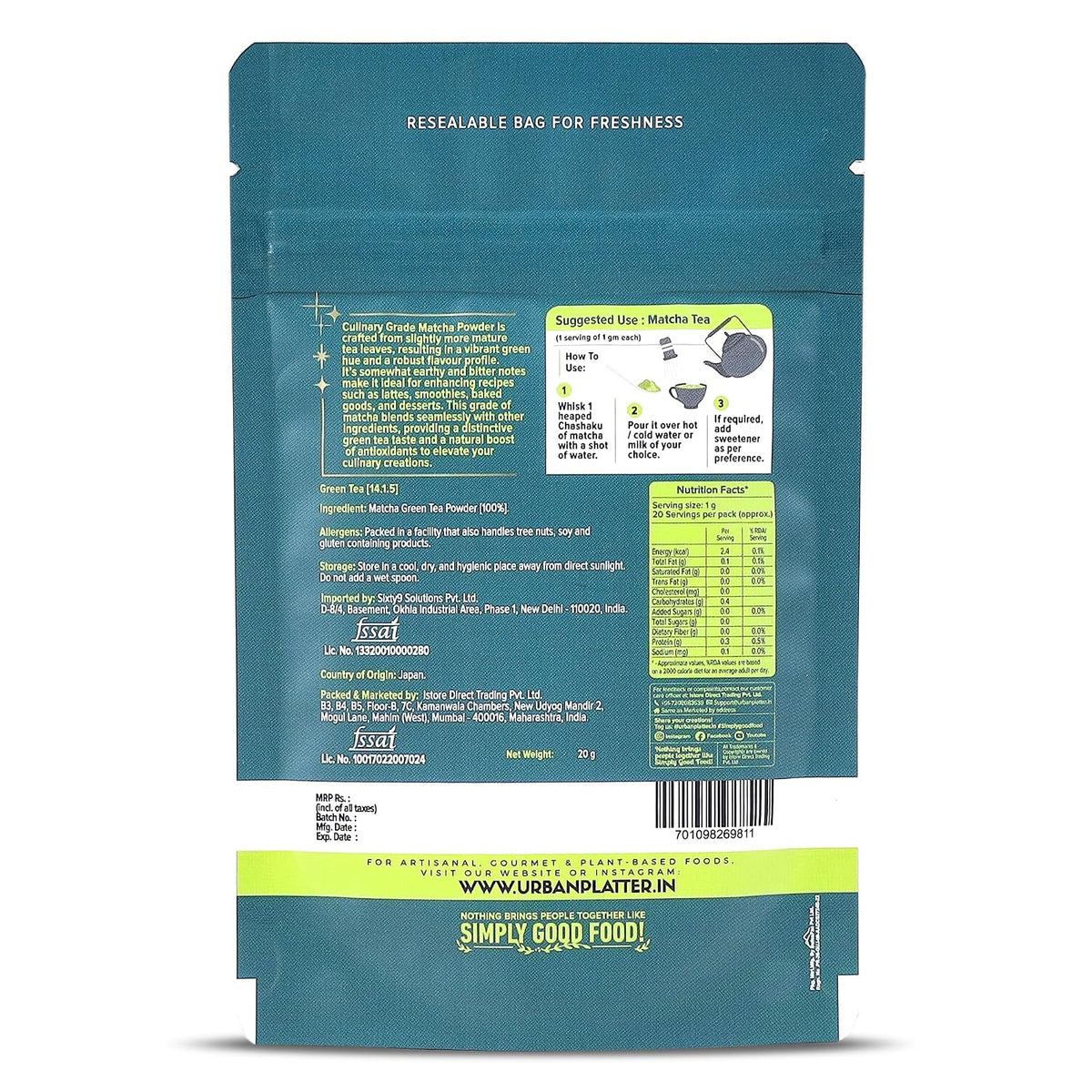 Urban Platter Japanese Culinary-grade Matcha Green Tea Powder, 20g (Sourced from Shizuoka, Japan | Stone-Ground | Antioxidant-rich)