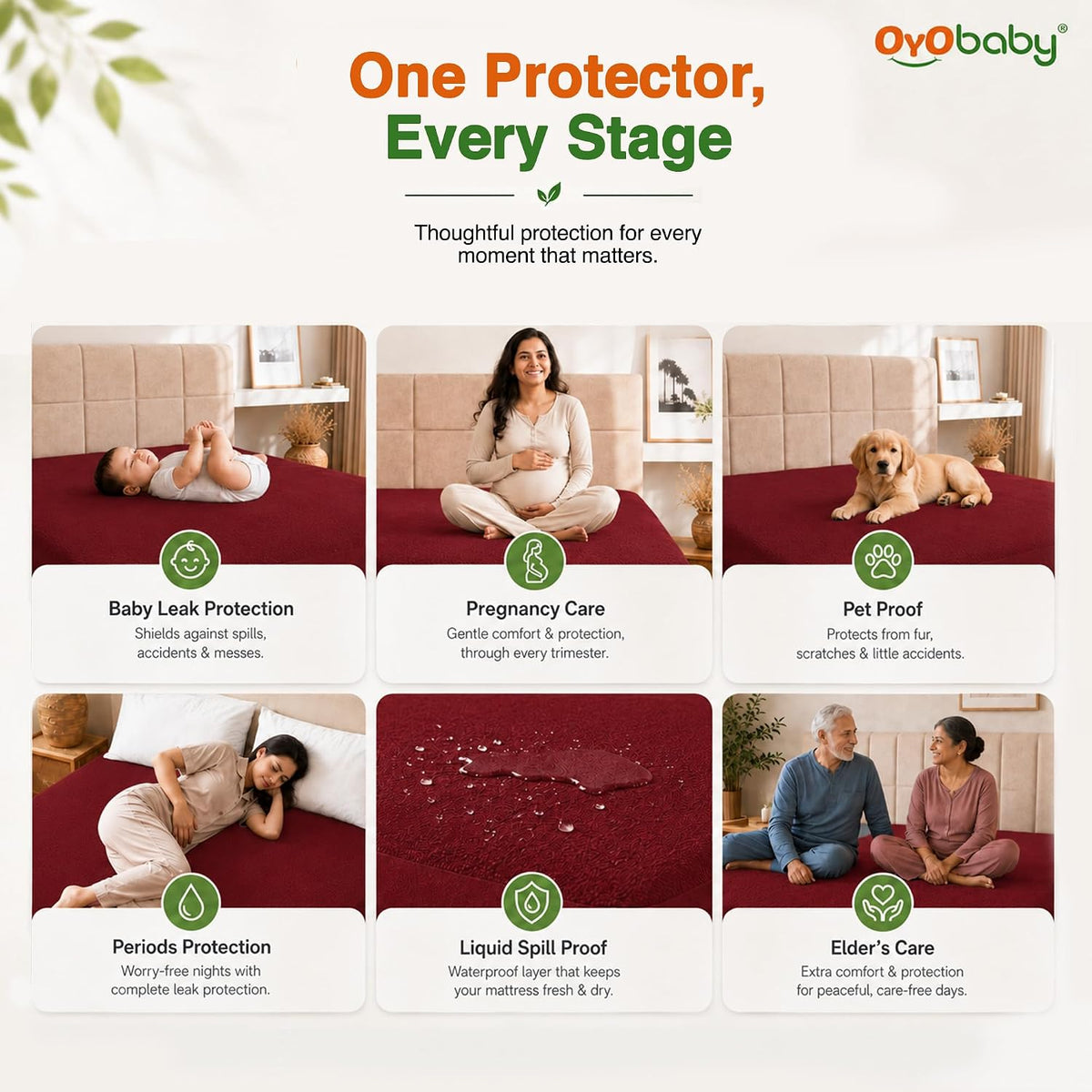 OYO BABY Queen Mattress Cover Protector | Waterproof Cotton Feel Terry Surface with TPU Backing | 360° Fitted Bed Protection | Suitable for Baby, Kids & Adults | 75 x 60 Inch (6.25 x 5 Ft) - Maroon