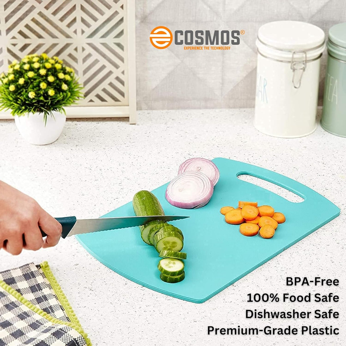 E-COSMOS® Plastic Cutting/Chopping Board for Kitchen, Heavy-Duty & Durable Kitchen Board for Vegetable and Meat Chopping, Anti-Slip Grip, Easy to Clean (Turquoise) (34L X 22W)