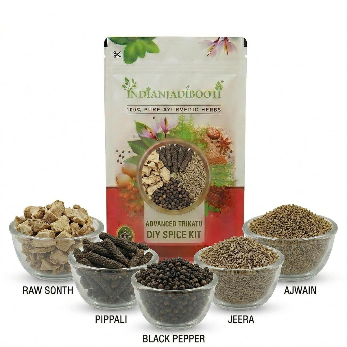 IndianJadiBooti Advanced Trikatu DIY Spice Kit – Raw Sonth, Pippali, Black Pepper, Jeera & Ajwain – Whole Spices for Digestion, Metabolism & Bloating Relief