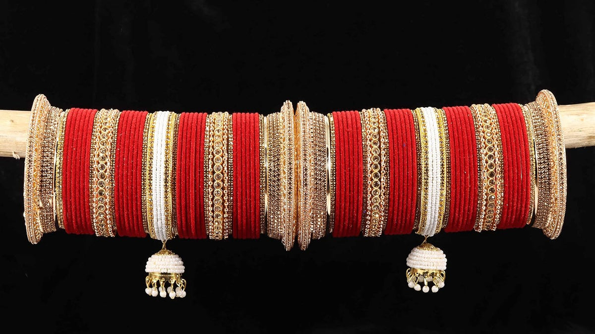NMII Non-Precious Metal with Base Metal and Zircon Gemstone with Pearls Studded Glossy Finished Kaleere Type Latkan Velvet Bangle Chuda set for Women and Girls (WITH_1 ROD BANGLE BOX)
