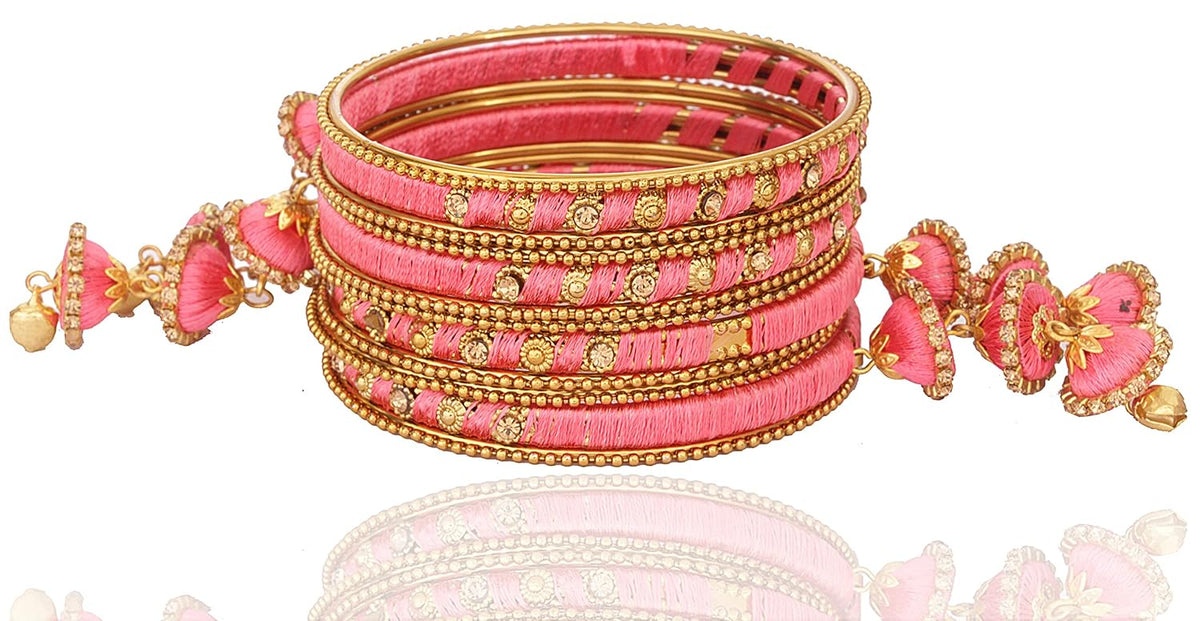 NMII Metal & Silk Thread Jhumka Zircon Latkan Stylish Bangles Set For Women's and Girls | Women's Fancy Latkan Bangles Set | Ethnic Fashion Jewellery- Set of 12 Bangle, (G405_Watermelon-2.8(2.8))