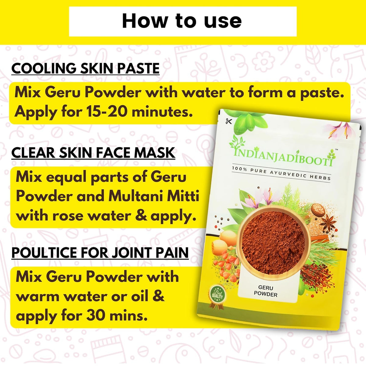 IndianJadiBooti Geru Powder - Red Ochre (Shuddha Gairika) - Traditionally Used for Cooling Skin Rituals, DIY Face Packs & Natural Pigment, 3 Packs of 900 Grams
