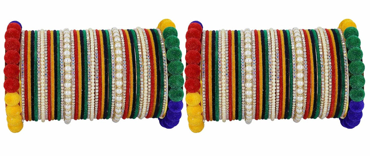 NMII Premium White Stone & Pearls Moti Velvet Bangles Bridal Chuda Set For Women & Girls | AD Chuda Set | Bangles For Women Traditional | Bangles For Wedding, Party, Occasion Jewellery- Set of 86