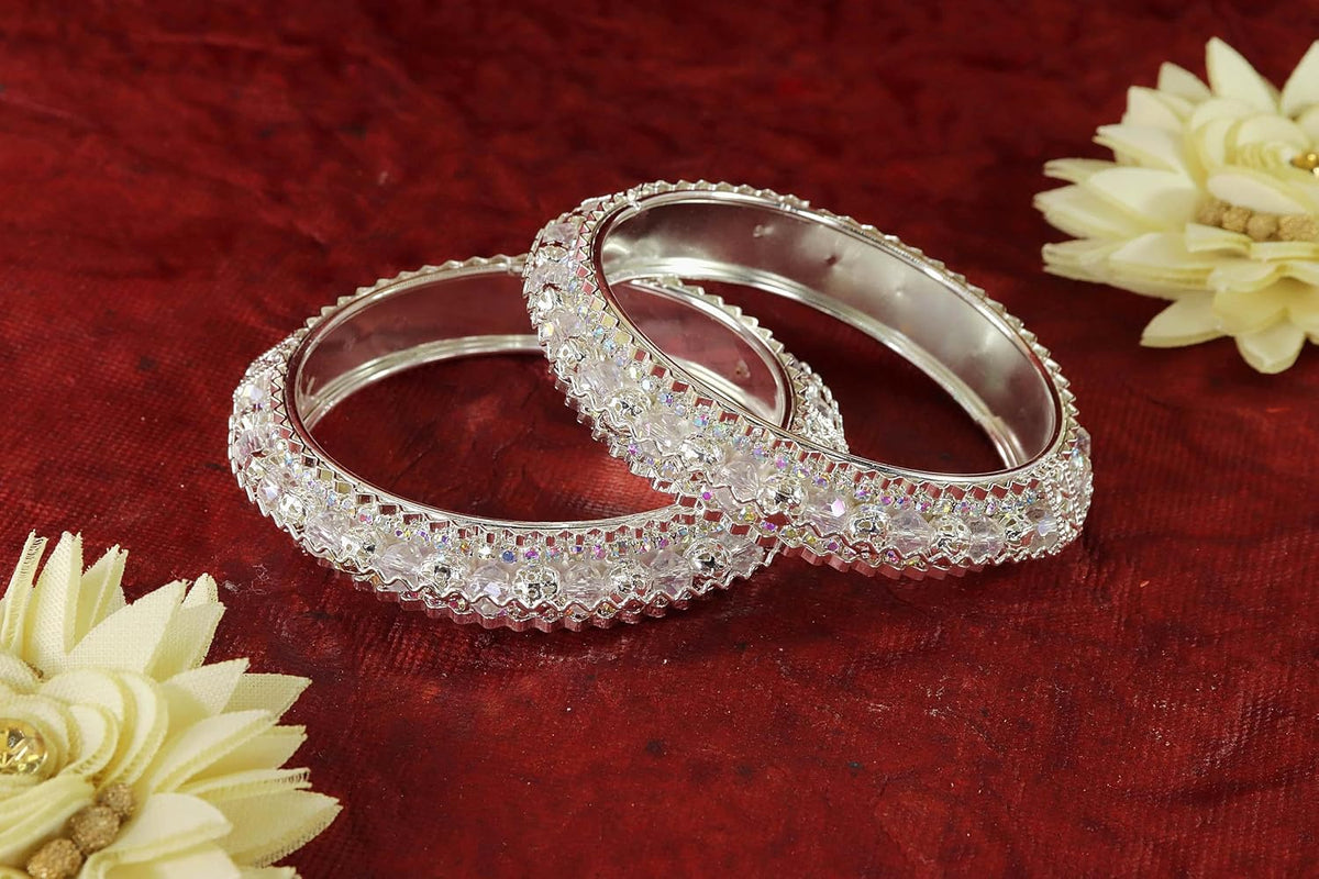 NMII Latest Alloy Metal with Zircon Stone & Pearls Bangles Set For Women & Girls | Premium Girl's Bangles Bracelet | Women's Kangan | Kada Bangles For Women Wedding, Party, Occasion- Set of 2