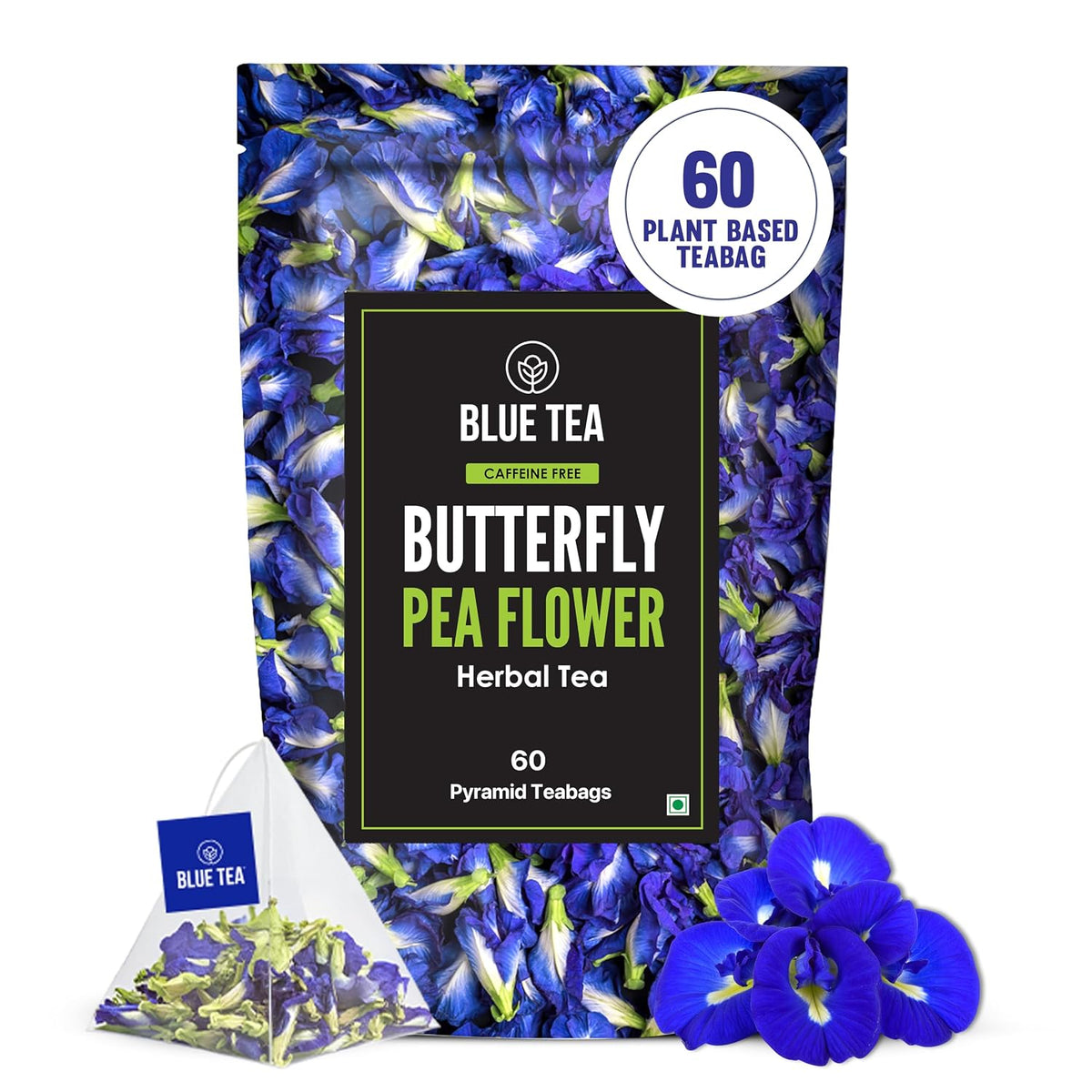 BLUE TEA - Butterfly Pea Flower Tea - 60 Tea Bags - Plant Based | ANTIOXIDANT RICH | Aparajita - Shankhpushpi | Caffeine Free - Detox Tea - Flower Based - Herbal Tea | Zipper