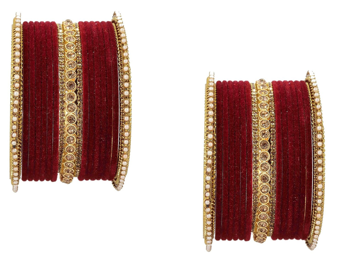 NMII Traditional Metal Velvet Bangles For Women and Girls Studded Zircon Diamond Stone & Pearls | Stylish Women's Bangles | Metal bangles | Gold Plated