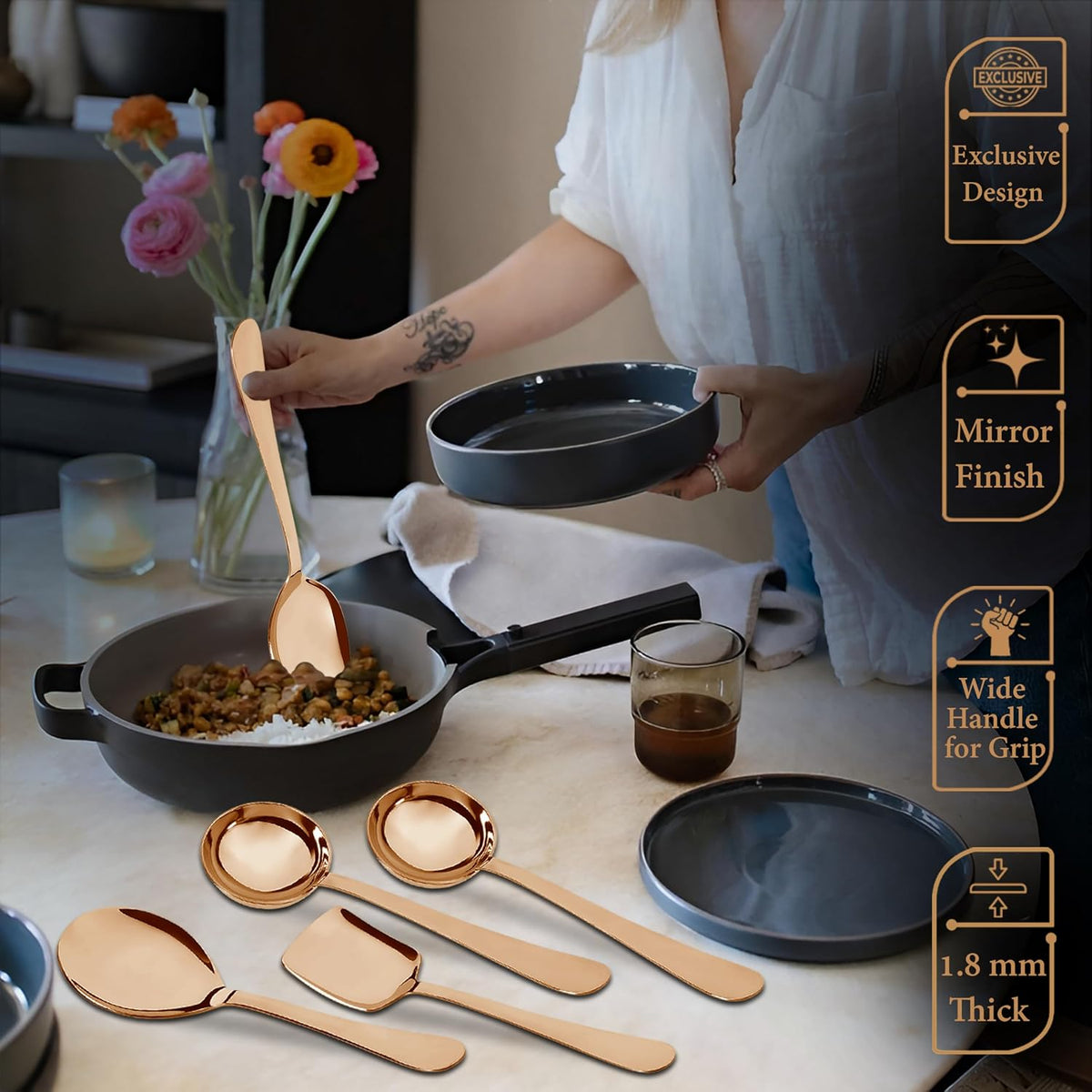 Parage 5 Pieces Stainless Steel Serving Spoons Set of 5 for Dining Table/Kitchen, 1.8 mm Heavy Gauge (2 Soup Ladle/Karchi, 1 Deep Turner, 1 Solid Spoon (Chamcha), 1 Rice Spoon (Steel Rose, Pack of 5)