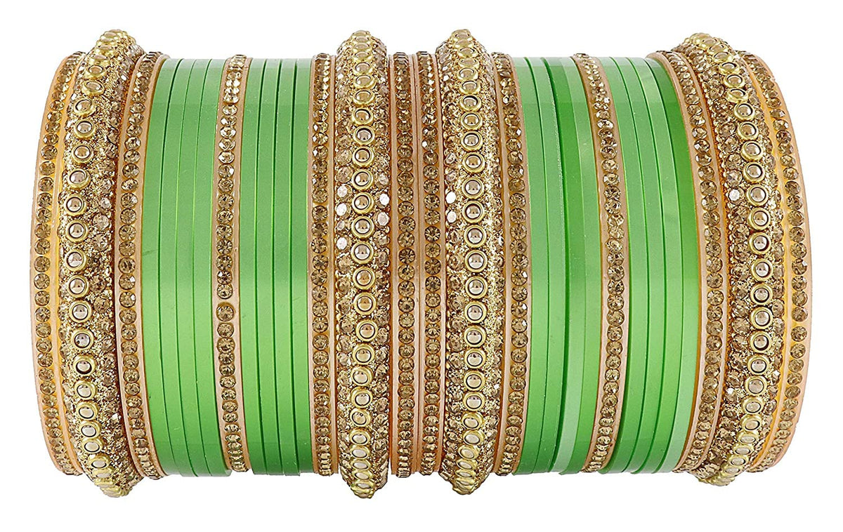 NMII Golden Traditional Acrylic Plastic Chuda Set For Bridal Women & Girls with Zircon Stone & Beads | Stylish Bridal Bangles For Wedding | Plastic Chura Set Punjabi Bnagles