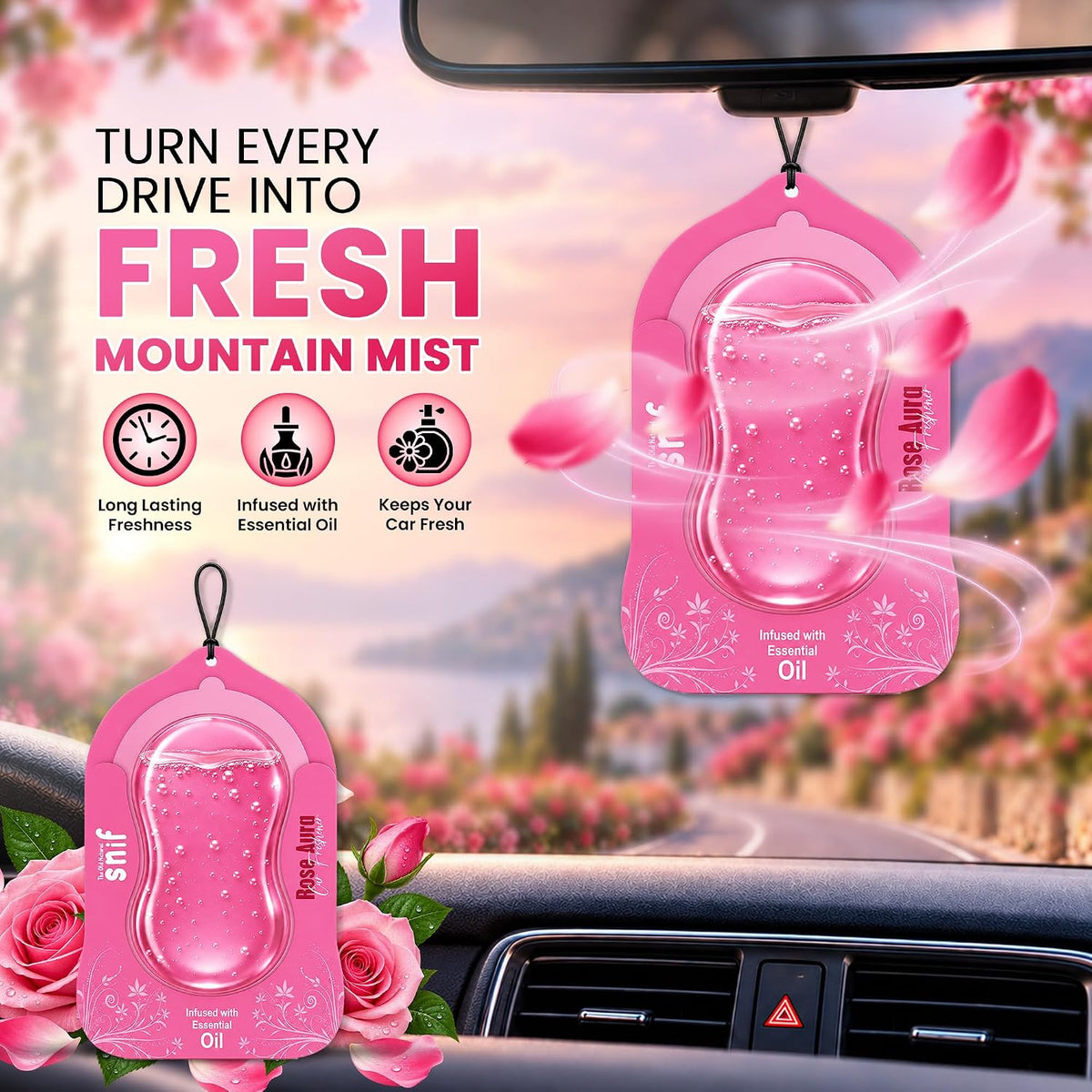 The Old Natural Car Air Freshener Hanging – Snif Gel Car Perfume, Essential Oil Based Long Lasting Car Fragrance (30–45 Days), Odor Eliminator Auto Air Freshener for Car – Rose Aura