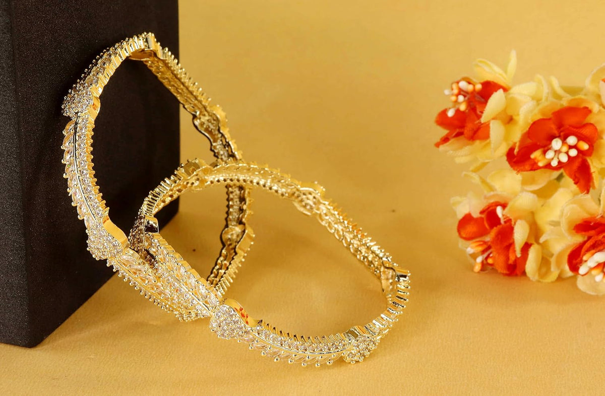 NMII Latest CZ American Diamond Leaf Alloy Metal Bangles Premiun Kada For Women & Girls | Latest Cubic Zirconia Girls' Bangles Bracelet | Trendy Kangan Stylish Women's Bangles Diamond-Set of 2 Bangle