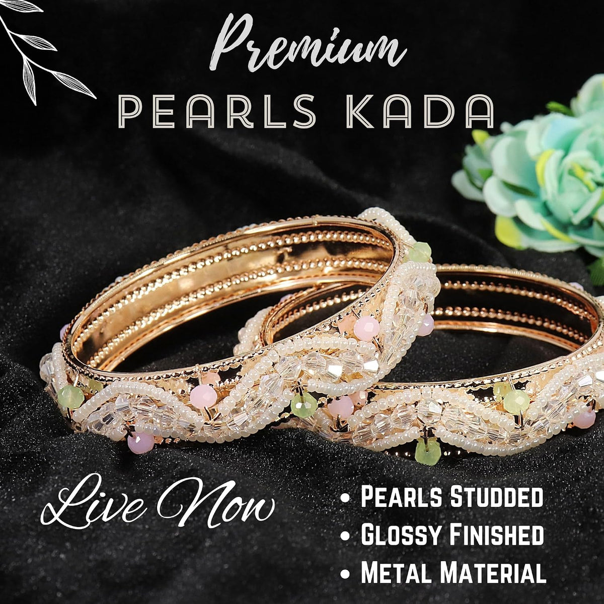 NMII Latest Metal Pearls Moti Bangles Kada Set For Women & Girls | Stylish Girl's Bangles Bracelet | Metal Bangles | Kada For Women | Bangles For Wedding, Party, Festive, Occasion Wear- Set of 2 Kada