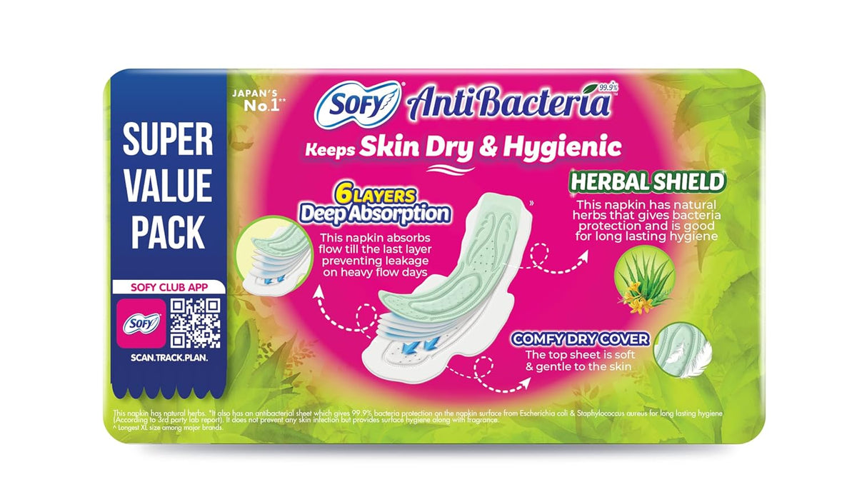 Sofy AntiBacteria XL - 290mm | 48 Count pads | For Women Sanitary Pads | Keep Skin Dry | 6 Layer Deep Absorption | Herbal Shield | Hygiene & Herbs