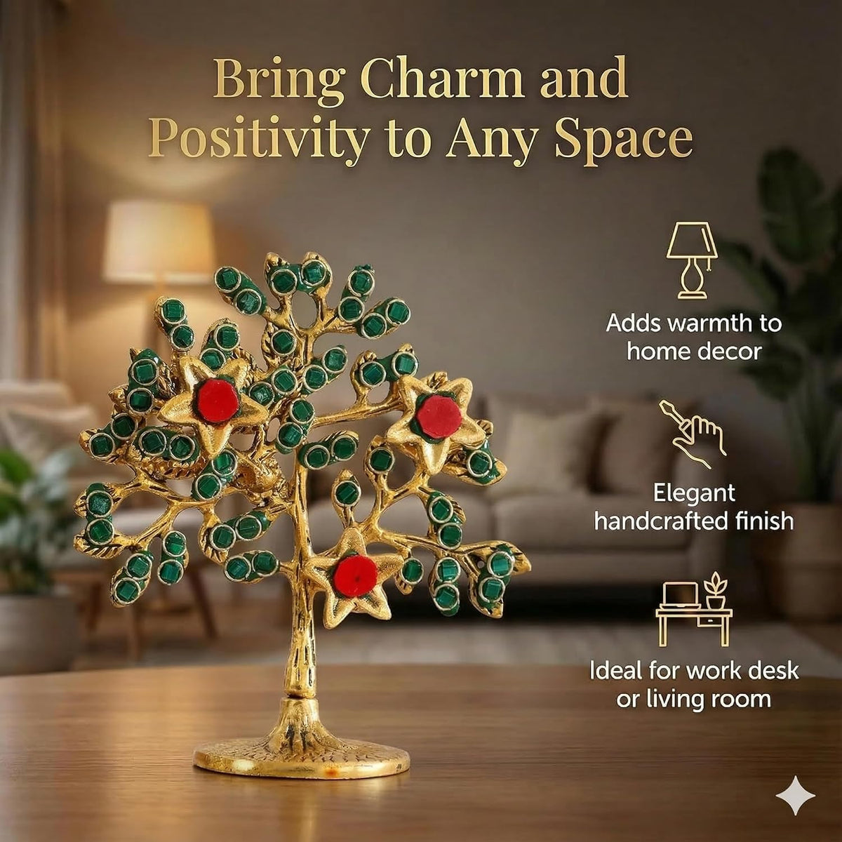 KridayKraft Metal Kalpavriksha Tree for Home Decor - Golden Wish Fulfilling Tree Metal Showpiece for Temple, Vastu, Office Table & Gifting Banyan (No 1 Golden with Stone)