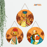 Artvibes African Village Themed Warli Art Round Wooden Wall Hanger for Home Decor | Living Room | Handcrafted Art | Wall Illustrations | Art Prints | Aesthetic Wall Art | Gifts (WH_4201N), Set of 3