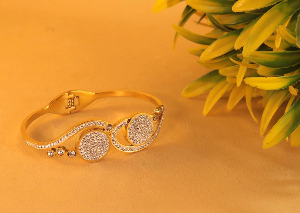 NMII Designer Gold Plated Bracelet for Women & Girls Studded with Shiny Zircon Stones & Dual Round Design | Trendy Kada Bracelet | Cuff Set | Gift For Birthday, Wedding & Festivals - Set Of 1 (Gold)