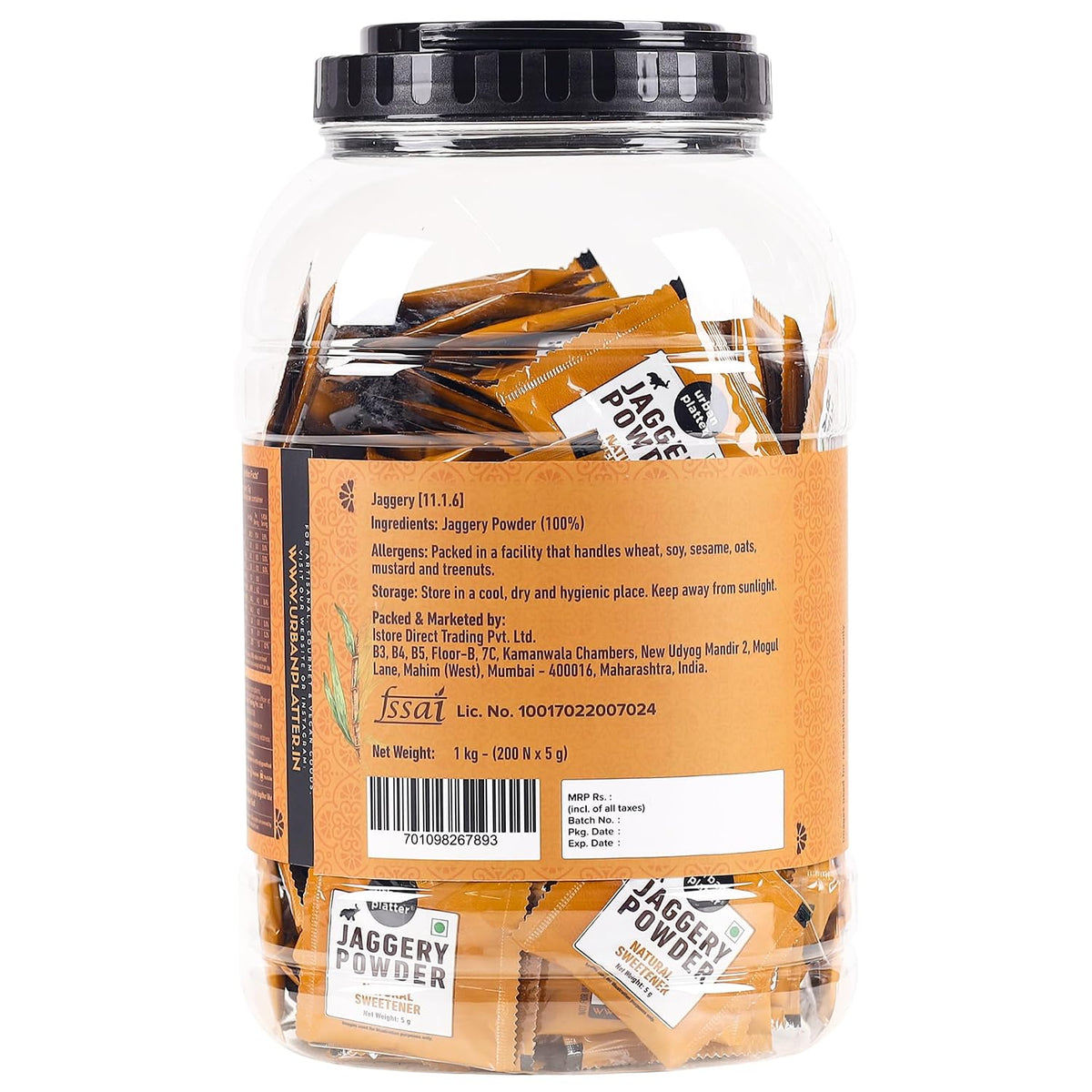 Urban Platter Jaggery Powder Sachets, 1Kg / 35.2oz [200 Sachets, 5 Grams Each]