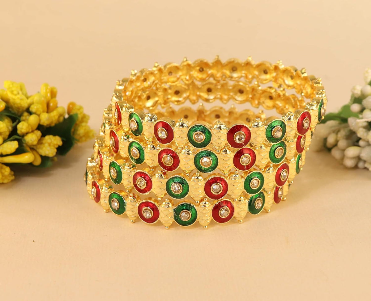 NMII Viral Gold Tone Kada for Women & Girls with Red & Green Stone Pattern | Traditional Kada For Wedding Festival Party | Metal Kangan's Karwa Chauth Diwali Gift | Beautiful Ethnic Jewelry - Set of 4