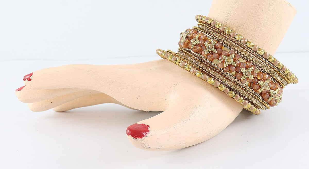 NMII Non-Precious Metal Base Metal with Zircon Gemstone Or Pearl and Flower Pattern with Ball Chain Linked Glossy Finished Bangle Set