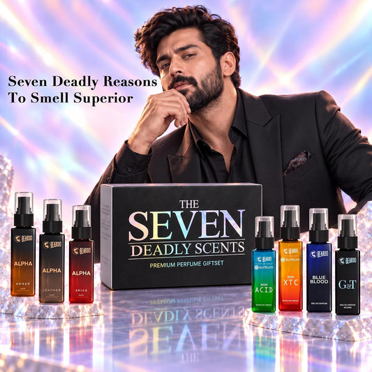 Beardo Seven Deadly Scents Perfume Set for Men | Premium Fragrance Discovery Set | 7 x 8ml Long Lasting Perfumes | Luxury Perfume Sampler | Travel Friendly Gift Pack | Husband, Boyfriend, Brother & Men | Wedding, Birthday & Festival Gift