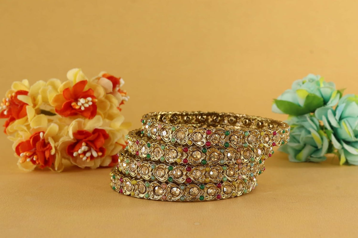 NMII Antique Metal Bangles Set Heart Design Adorned with Zircon Stones & Beads Work For Women & Girls | Trendy Girls' Bangles Bracelet Kangan Latest | Wedding, Party, Festive, Occasion- Set of 4