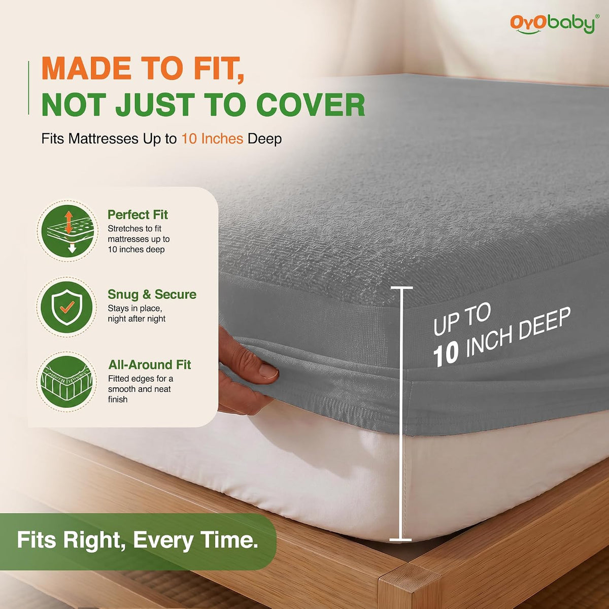 OYO BABY 100% Waterproof Premium Cotton Feel Terry Mattress Protector King Size | Ultra Soft, Breathable & Hypoallergenic Fitted Bed Cover | Mattress Cover King Size -78x72 Inch (6x6.5 Ft), Grey