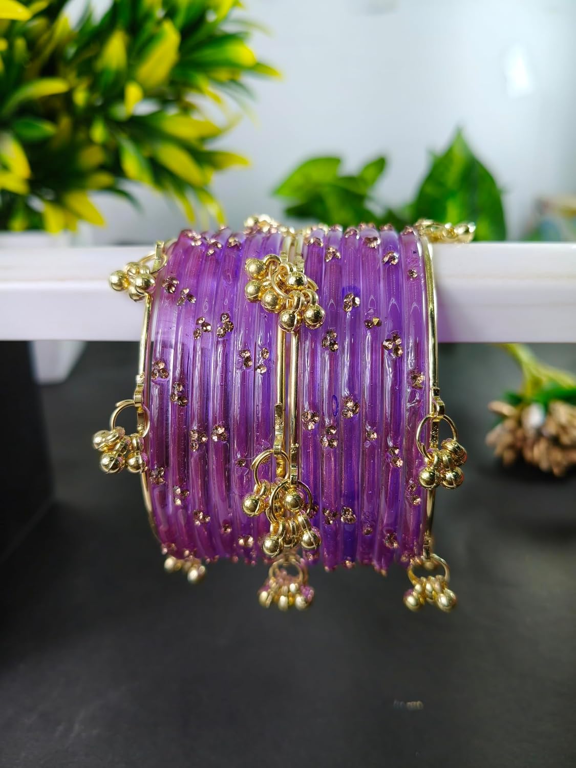 NMII Viral Multi Colour Glass Bangles with Golden Ghungroo Charms & Stone Work For Women & Girls | Fancy Designer Glass Bangle | Traditional Chudi | Kanch Ki Churi | Stylish Ghungroo Bangle For Women
