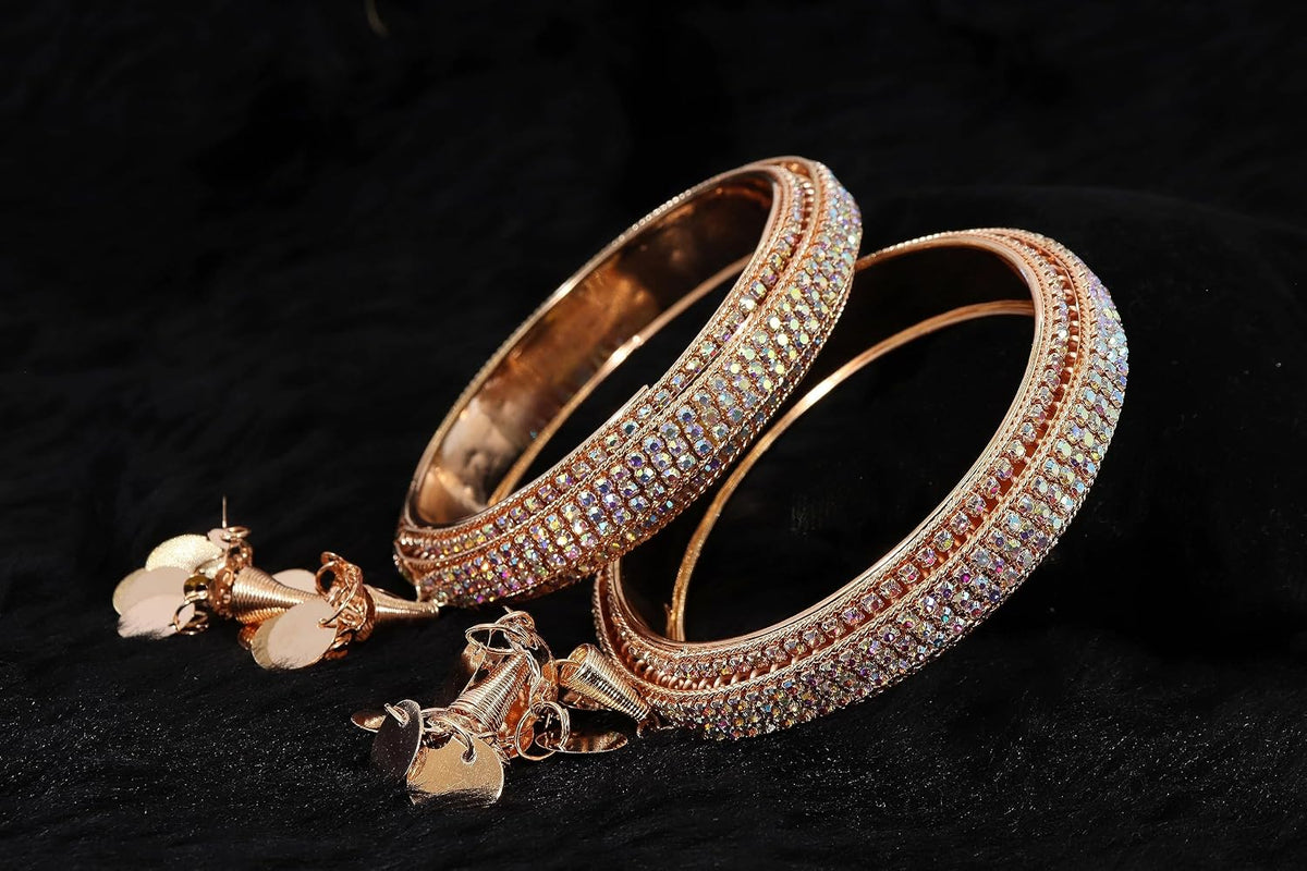 NMII Metal & Gold White American Diamond Stone Latkan Bangles Set For Girls and Women | Bangles with Latkan | AD Bangles | Stylish Bangles For Wedding, Party, Occasion Fashion Jewellery- Set of 2