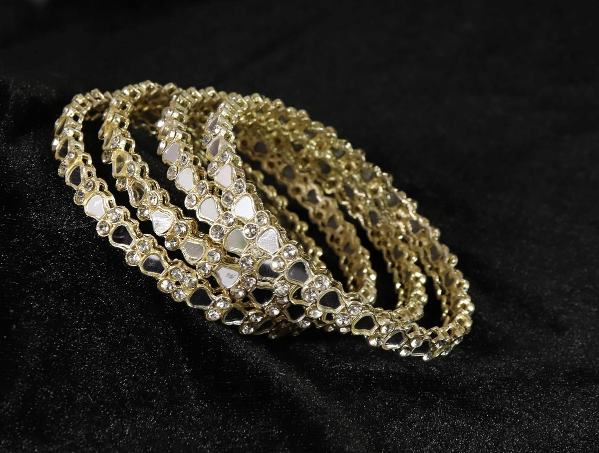 NMII Golden Metal with American Diamond & Mirror Work Bangles Set For Women & Girls | Kundan Mirror Bangles | Gold Plated Bangles | Women's Bangles Bracelet | Diamond Fashion Jewellery-Set of 4