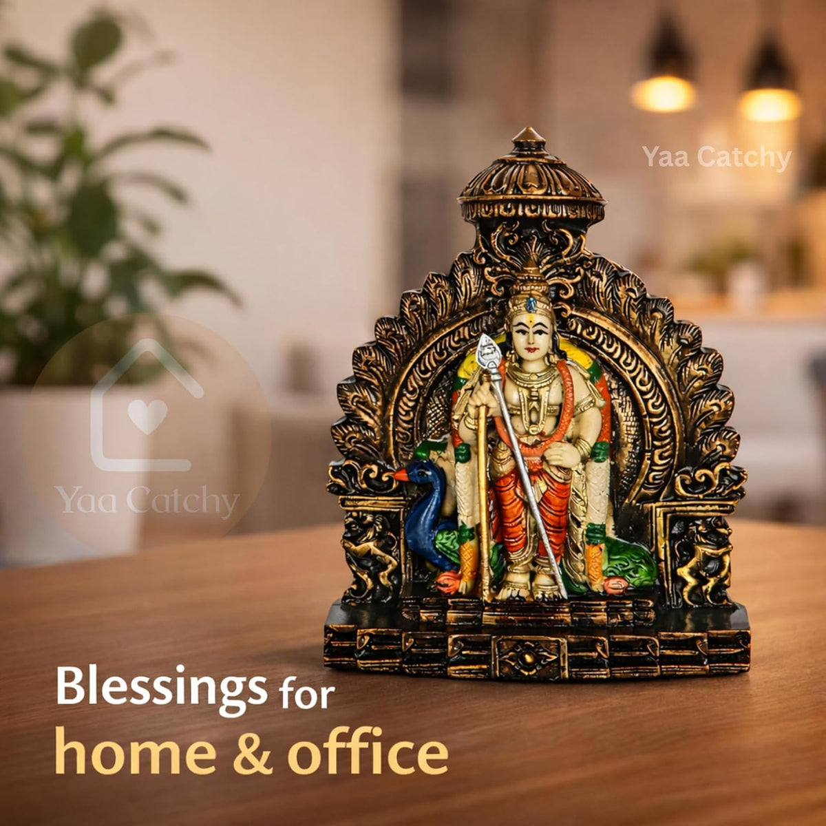 YaaNatural Yaa Catchy Lord Murugan Idol with Peacock & Vel Design Polyresin Statue hand painted Pooja Room, Home Décor & Office Table Spiritual Showpiece | Housewarming & Festival Gift (Arch Colour Murugan)