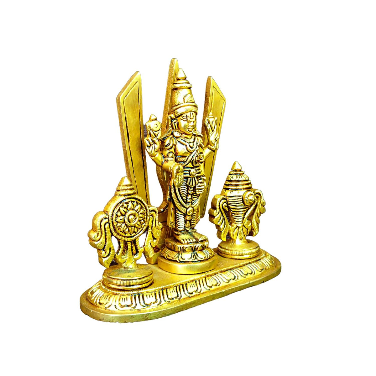 Aalayam Selveer Brass Shankh Chakra Stand with Perumal Idol | Sangu Chakram Stand with Tirupati Balaji Idol Brass 12.5cm Height Gold Colour 1 Piece