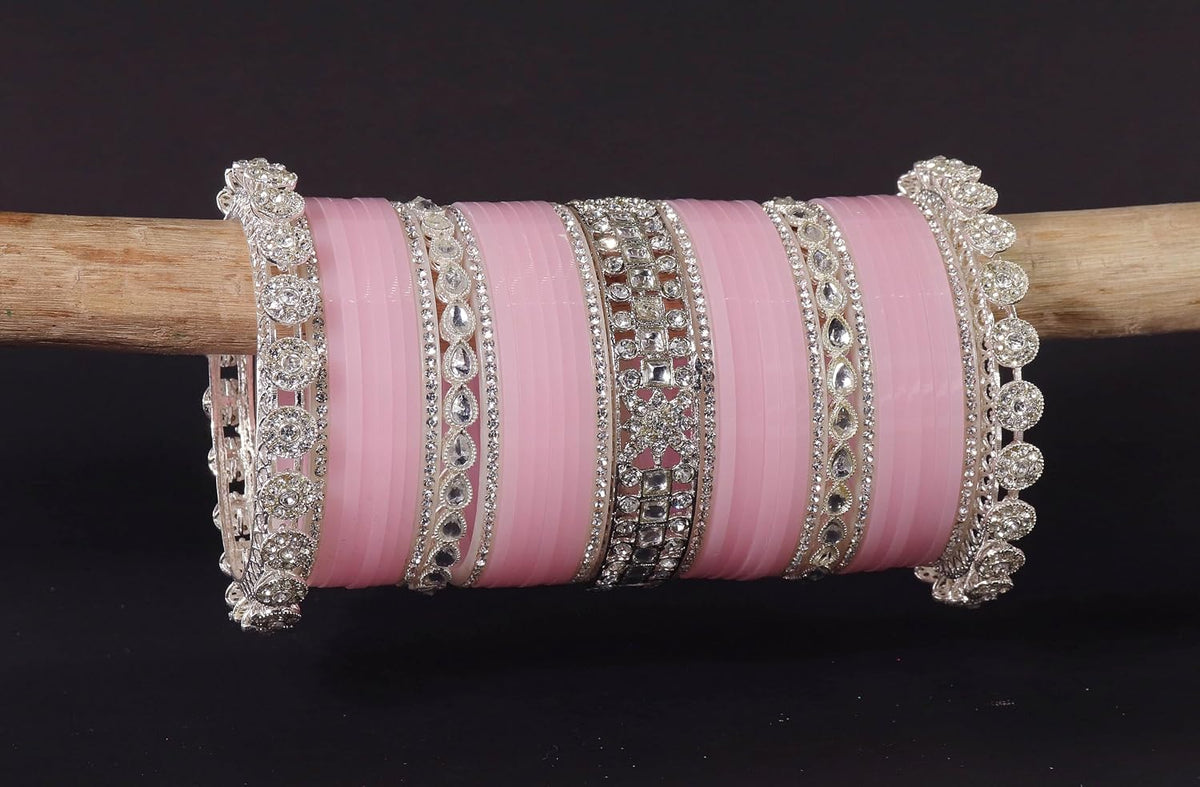 NMII Premium Metal Bangles Silver Chuda Set For Bridal Women & Girls with Zircon Diamond & Kundan Beads | Designer AD Chuda | Bridal Bangles Chooda Set For Wedding, Party, Occasion-Set of 74