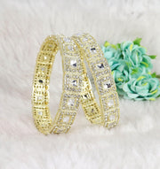 NMII Traditional Golden Metal Bangles Kada Set For Girls & Women Embedded with Zircon Gemstone & Kundan Mirror | Trendy Polki Bangles | Women's Bangles Bracelet Golden- Set of 2 Bangle