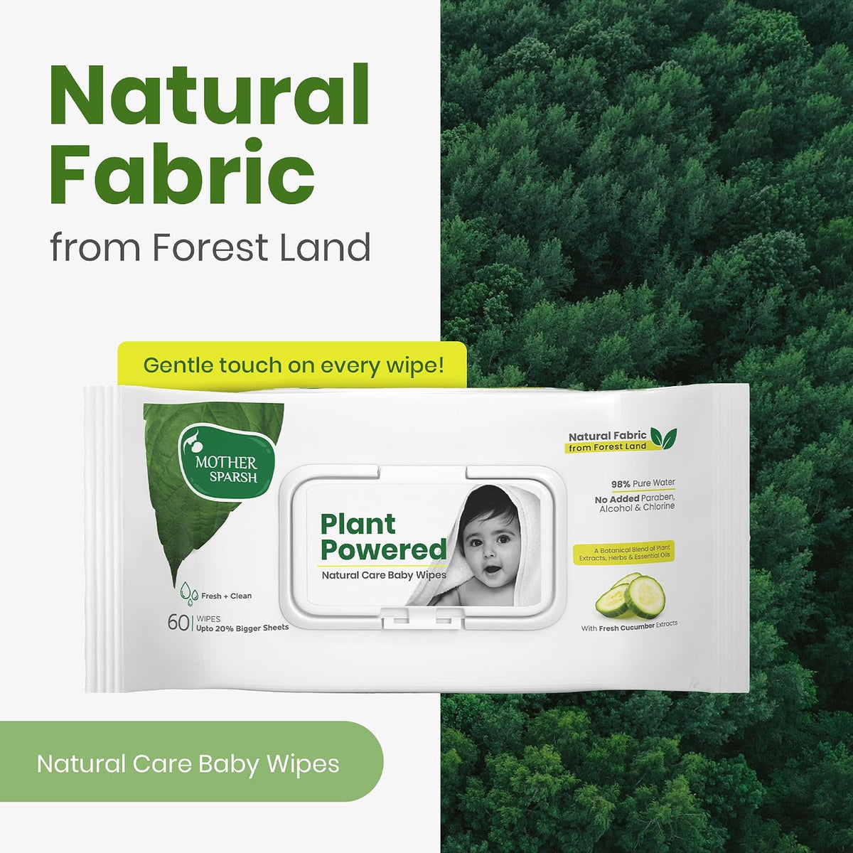 Mother Sparsh Natural Care Water Baby Wipes 60 Pcs (Pack of 9)I 100% Plant Made Fabric From Forest Land | Fresh+Cleanse (with Cucumber) Plant Powered Water Wipes For Baby I Cotton Cloth Like Bigger Sheets