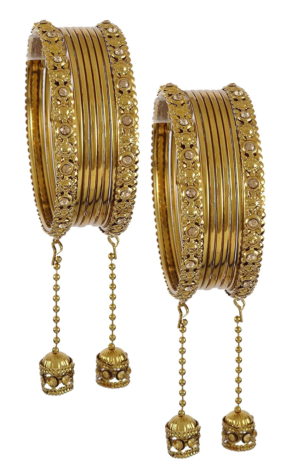 NMII Traditional Metal Bangles Set For Women & Girls with Zircon Gemstone & Latkan | Stylish Oxidised Look Gold Plated Bangles | Women's Fashion Jewellery