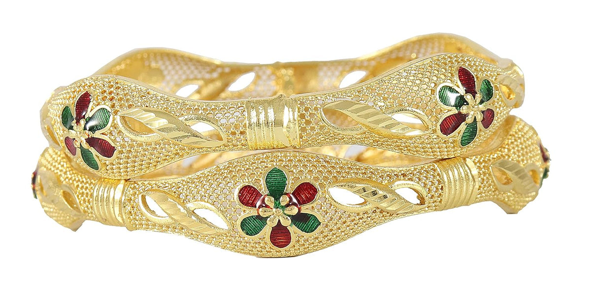 NMII Brass with Zircon Gesmtone and Meenakari Worked Glossy Finished Gold Polished Premium Bangle Kada set For Women and Girls