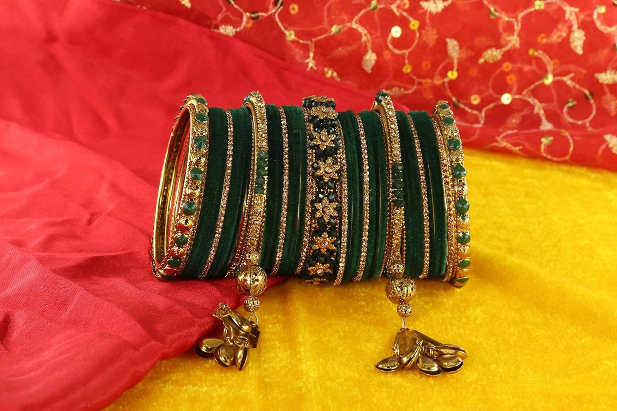 NMII Premium Bridal Velvet Chuda Set Beads & Zircon Stones Studded With Latkan Work For Women & Girls | Punjabi Wedding Chooda Bangles | Ethnic Festival Jewelry | Chuda's Gift - Set Of 82