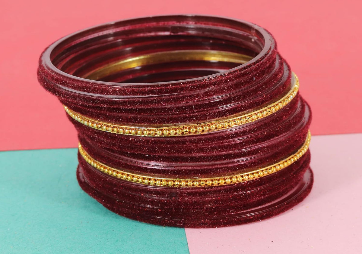 NMII Glass Bangles For Women and Girls with Velvet and Golden Ballchain Linked | Plain Glass Bangles | Velvet Chudi Set | Bangles For Women Latest | Stylish Glass Chudi Bangles- Set of 28
