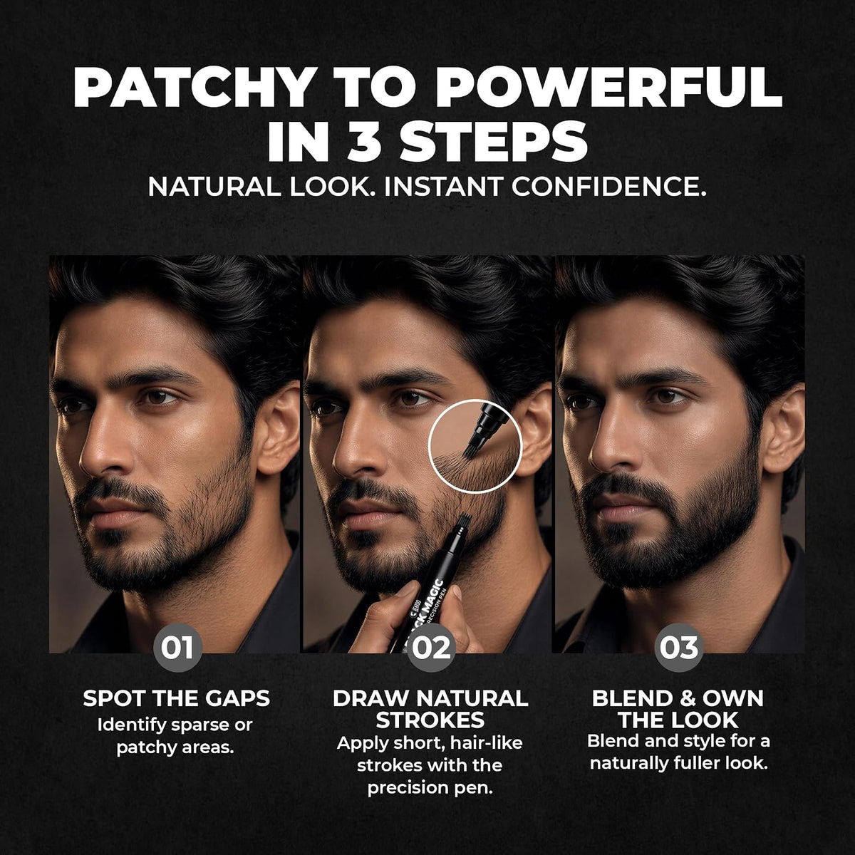Beardo Black Magic Beard Precision Pen | Instantly Covers Patchy Beard | Hair-Like Precision Strokes | Natural Beard Filler Pen | Waterproof, Smudge-Proof & Long-Lasting | 1.5ml