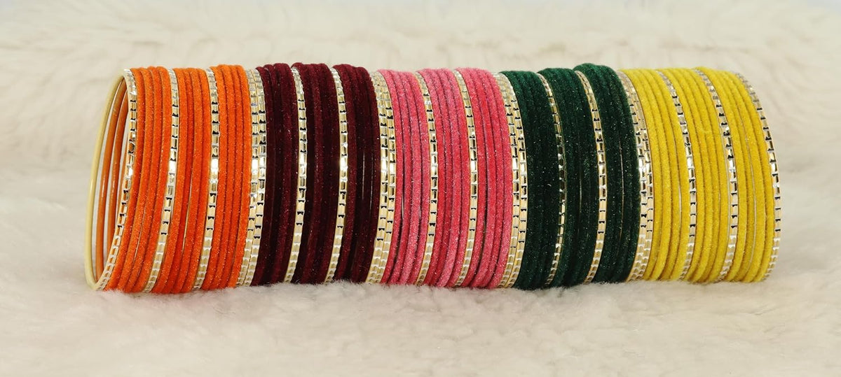 NMII 10 Colour Velvet Bangles Combo Set For Women and Girls | Premium Metal Bangle Set | Multicolour Bangles Set | Traditional Plain Simple Velvet Bangles- Set of 160 Bangles