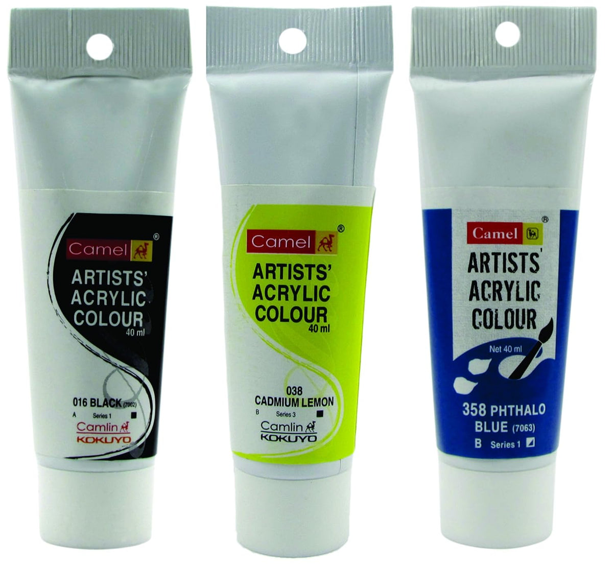 Camel Camlin Kokuyo Acrylic Tubes 40ml- Pthalo Blue, Cadmium Lemon & Black