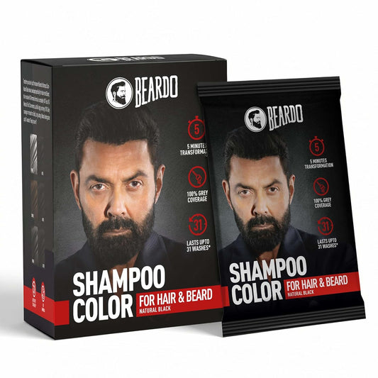BEARDO Beard & Hair Shampoo Color | Natural Black | 100% Grey Coverage | 5 Minute Hair Colour | Ammonia Free | With Natural Actives | No Stain Beard Colour | 20ml X 5