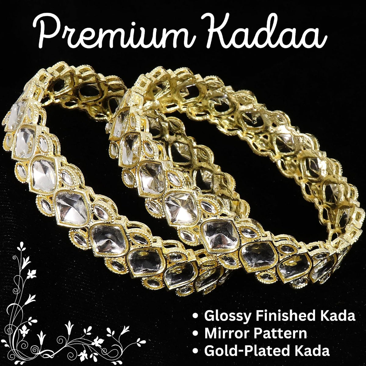 NMII Premium Gold Plated Metal with Kundan Mirror & Zircon Stone Bangles Set For Women & Girls | Bangles For Women Traditional | Metal Bangles with Mirror | Wedding, Party, Occasion Wear- Set of 2